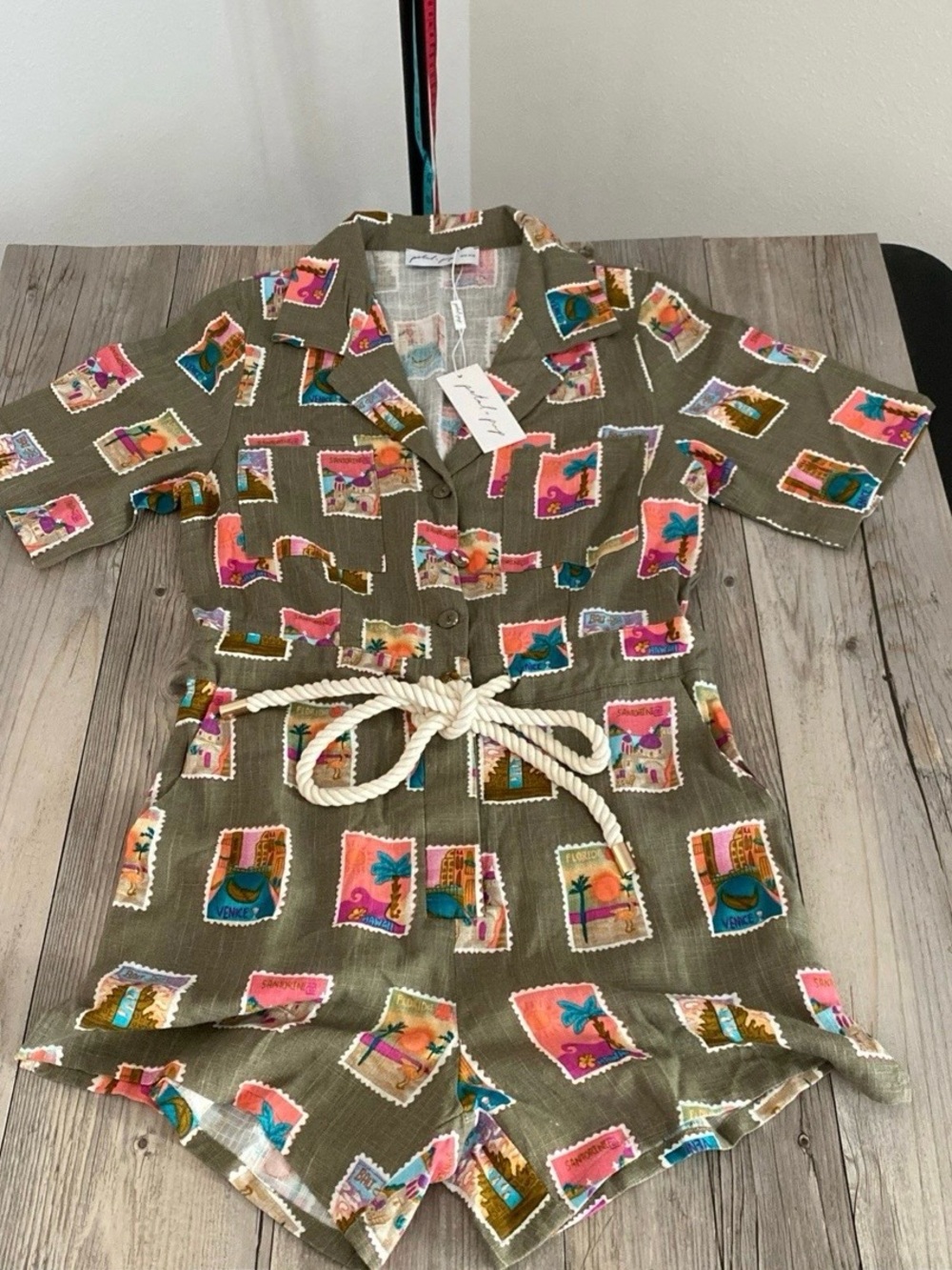 Petal & Pup Olive Romper with Coral and Teal Accent Print